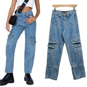 Lioness Women's High Rise Cargo Pockets Jeans Sz XXL Pockets Med Wash W 32 Y2K